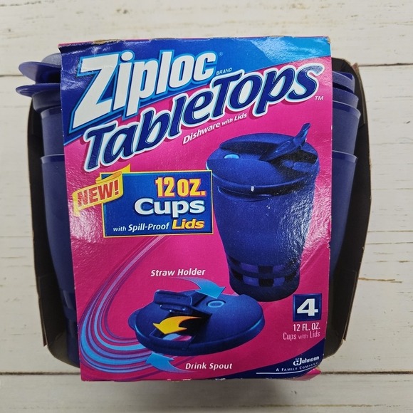 Ziplock TableTops Cups Spill Proof Lids 12 oz Drink Spout Straw Holder - Picture 1 of 6